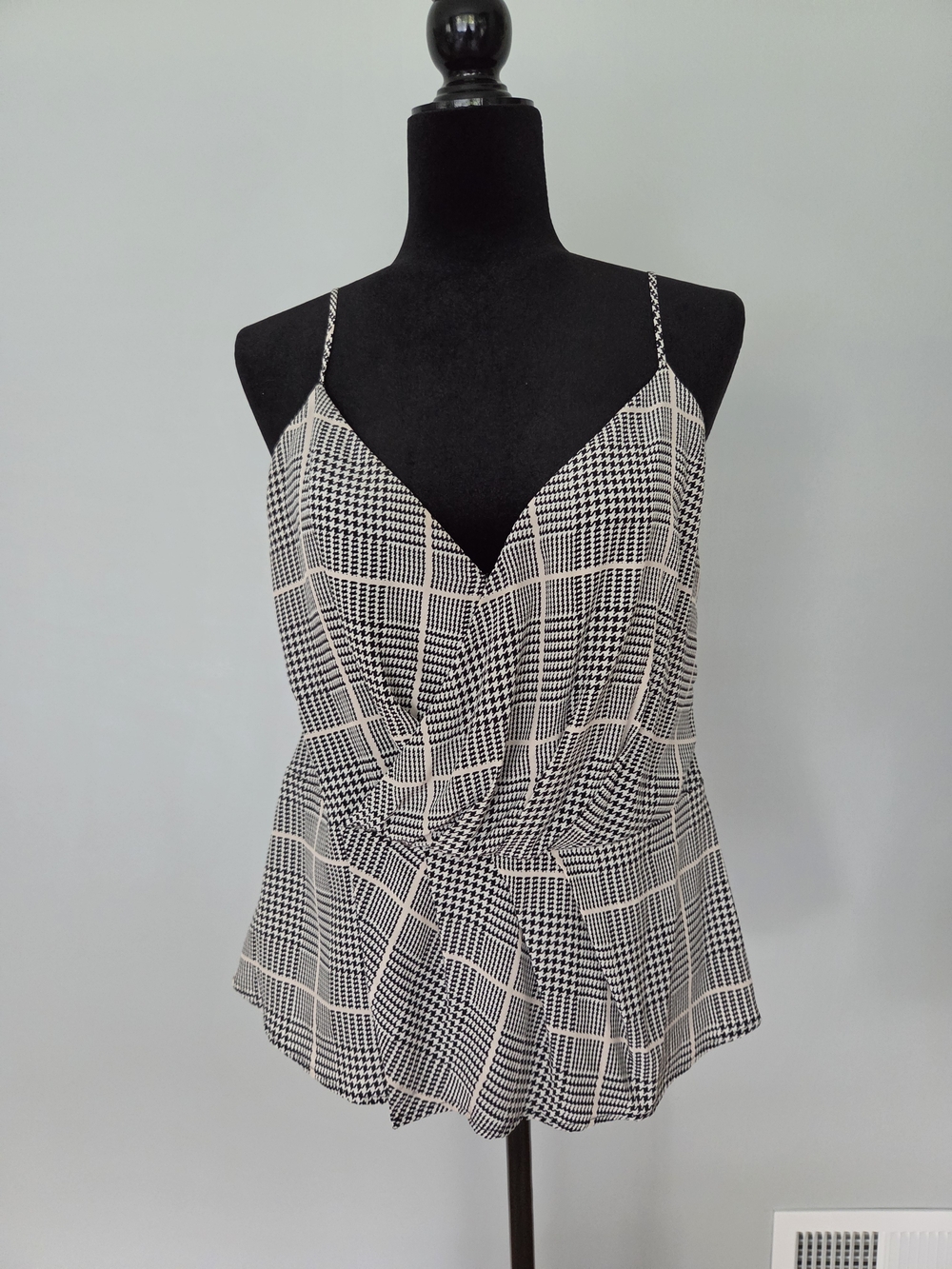 L'AGENCE Black and Cream Plaid Twist-Front Cami